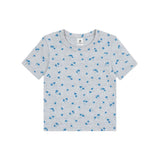 A light gray short-sleeve t-shirt with a small blue floral pattern all over, displayed flat against a white background.