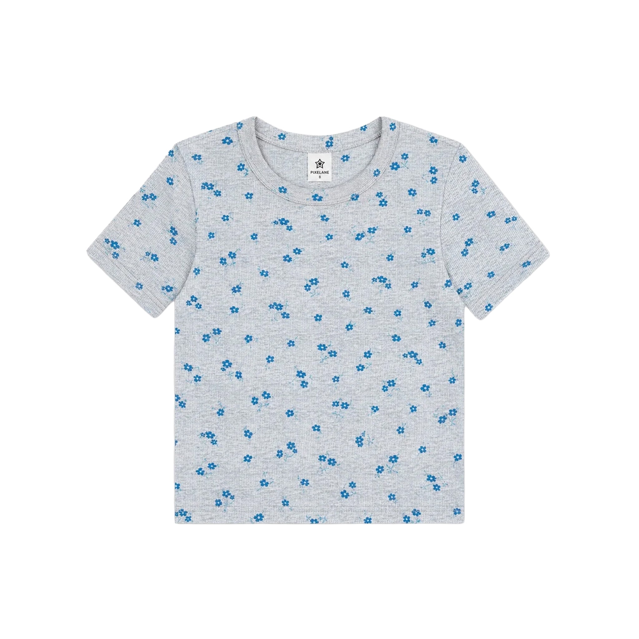 A light gray short-sleeve t-shirt with a small blue floral pattern all over, displayed flat against a white background.