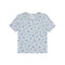 A light gray short-sleeve t-shirt with a small blue floral pattern all over, displayed flat against a white background.