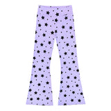 Light purple flare leggings with a black star and dot pattern, shown flat against a white background.