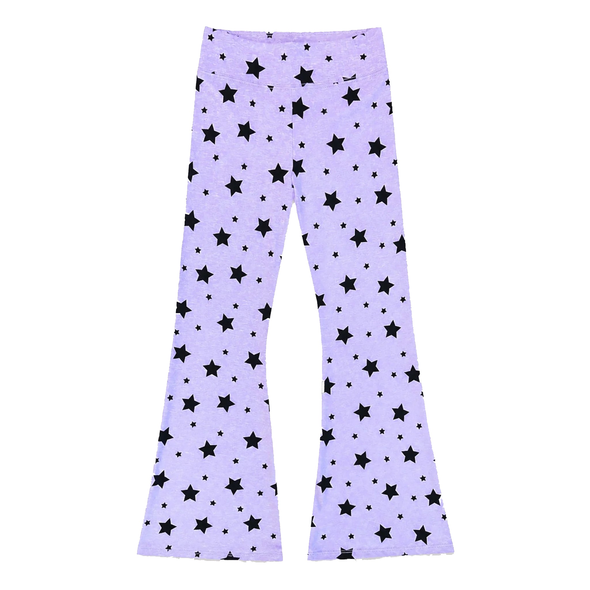 Light purple flare leggings with a black star and dot pattern, shown flat against a white background.