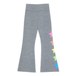 Gray heather flare leggings with a vertical row of colorful star graphics in pink, orange, yellow, green, and blue down the outer side of one leg, shown on a plain white background.