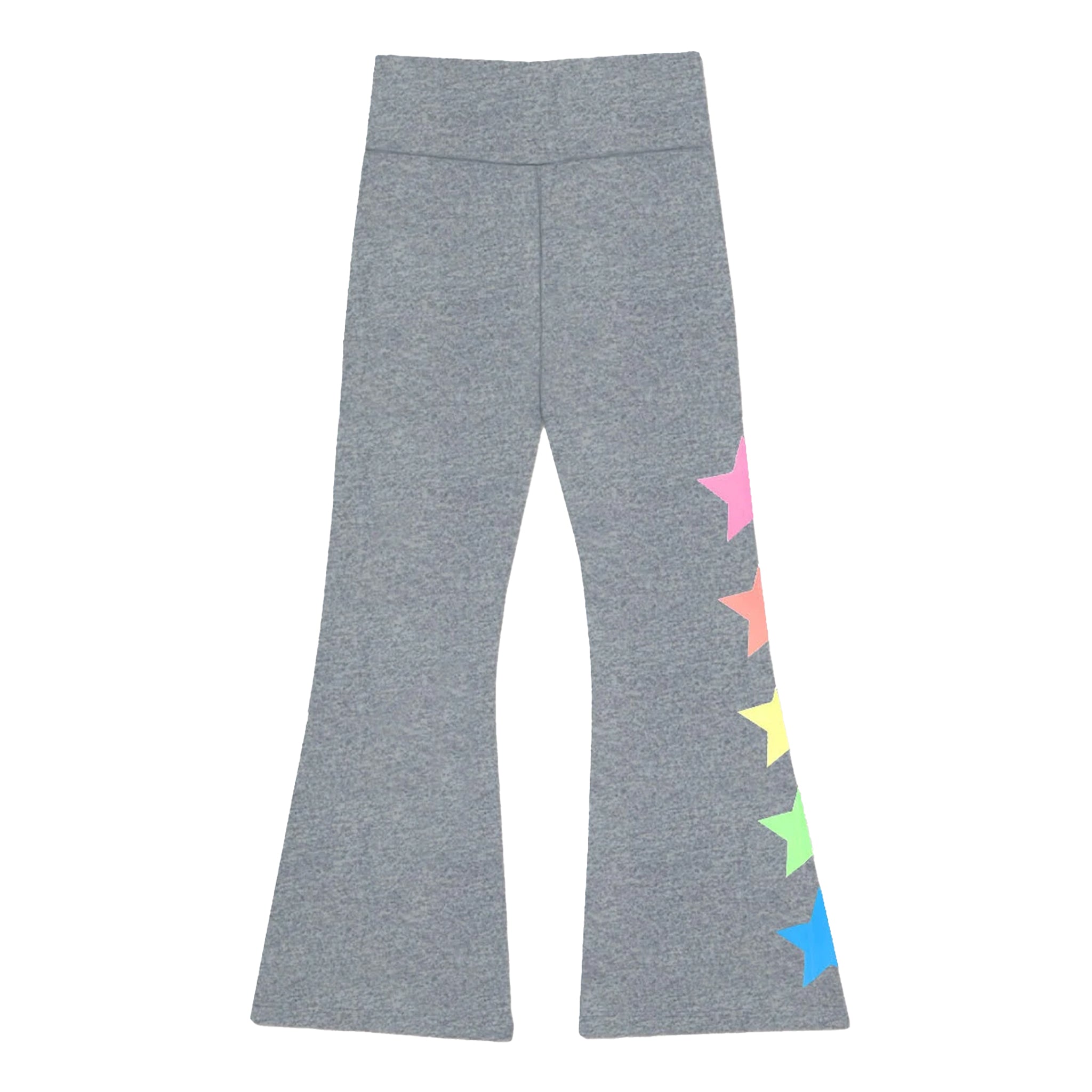 Gray heather flare leggings with a vertical row of colorful star graphics in pink, orange, yellow, green, and blue down the outer side of one leg, shown on a plain white background.