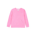 A pink crewneck sweatshirt with a front kangaroo pocket, shown flat against a solid white background.
