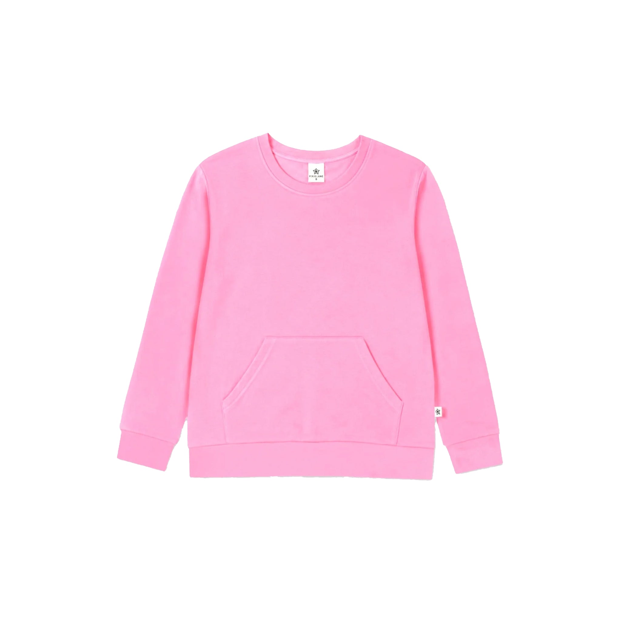 A pink crewneck sweatshirt with a front kangaroo pocket, shown flat against a solid white background.