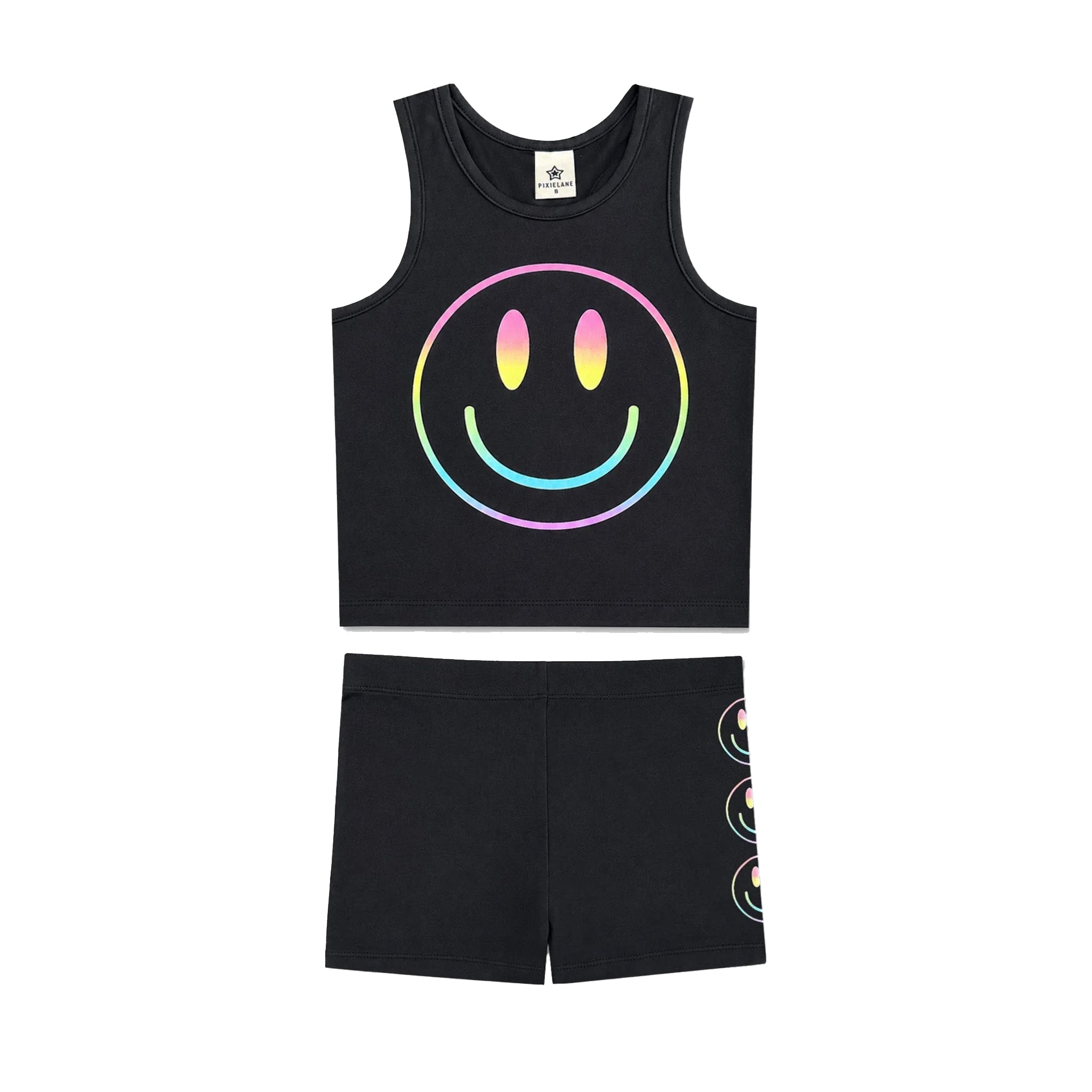 A two-piece kids' outfit set consisting of a black sleeveless tank top and matching shorts. The tank top features a large rainbow-gradient smiley face graphic on the front, and the matching shorts feature a vertical stack of smaller smiley faces on the side.
