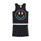A two-piece kids' outfit set consisting of a black sleeveless tank top and matching shorts. The tank top features a large rainbow-gradient smiley face graphic on the front, and the matching shorts feature a vertical stack of smaller smiley faces on the side.