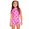 Bright pink two-piece athletic set with black doodle prints, photographed against a solid white background.