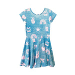 A short-sleeve blue dress with a pink and white cartoon print featuring bunnies, stars, rainbows, and cherries, shown against a plain white background.