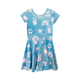 A short-sleeve blue dress with a pink and white cartoon print featuring bunnies, stars, rainbows, and cherries, shown against a plain white background.