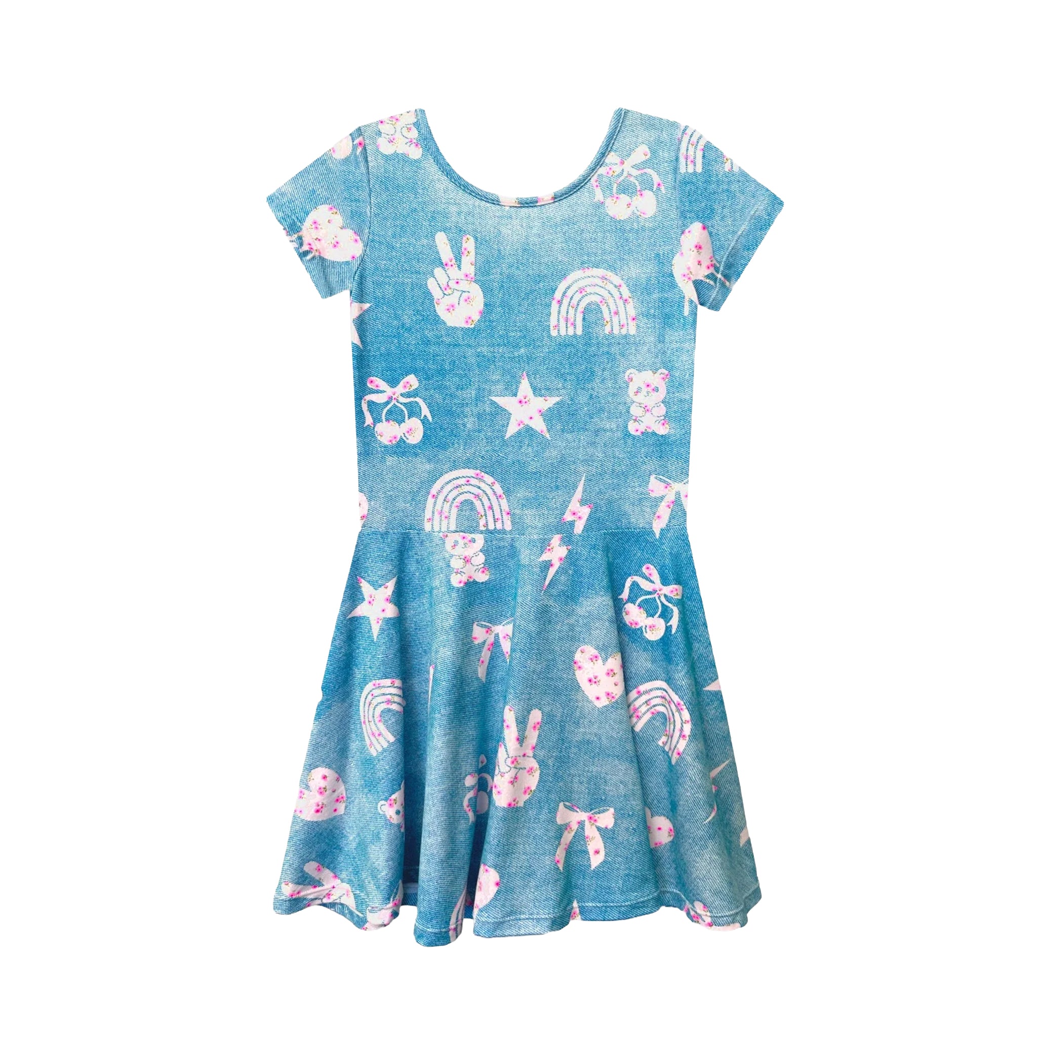 A short-sleeve blue dress with a pink and white cartoon print featuring bunnies, stars, rainbows, and cherries, shown against a plain white background.