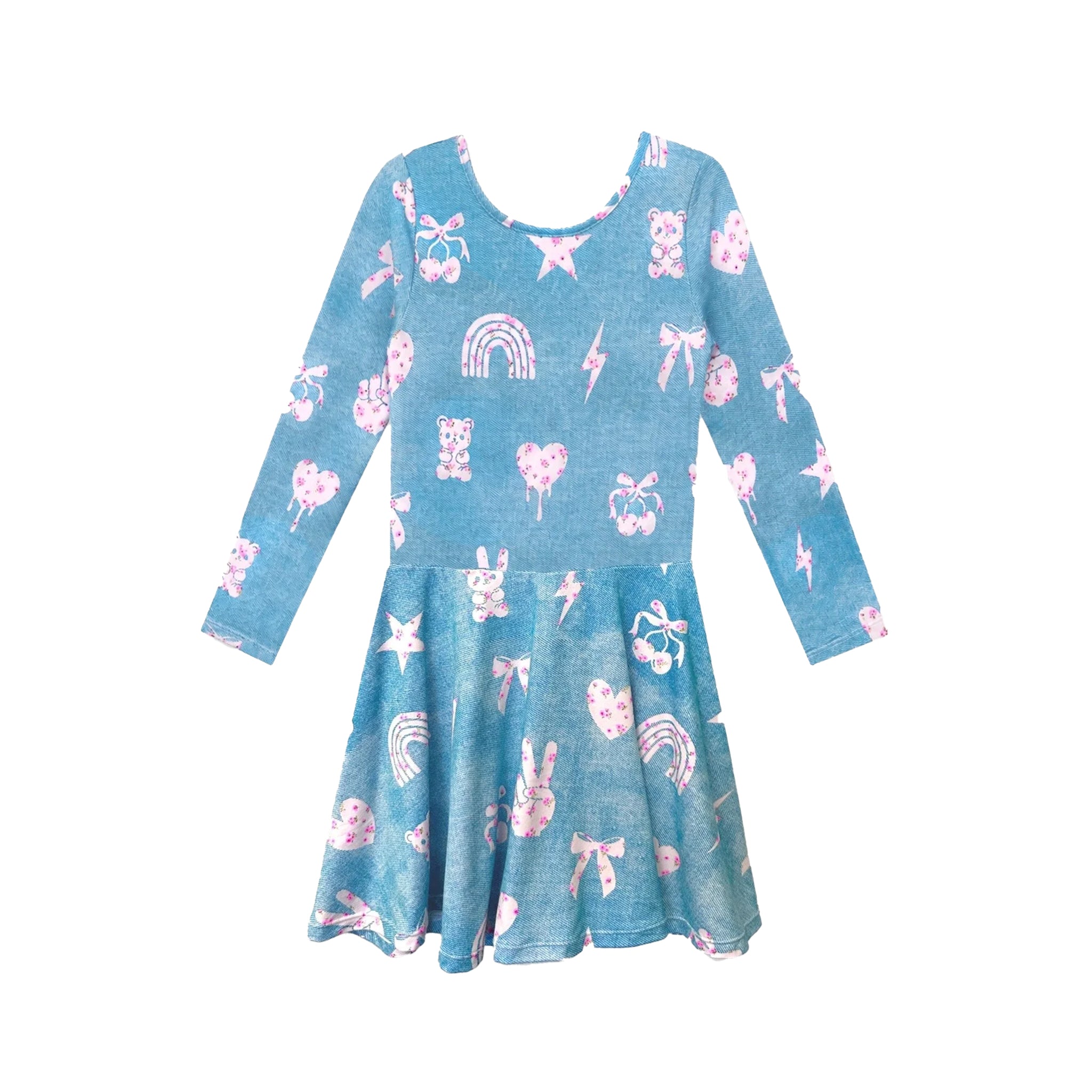 A long-sleeve blue dress with a pink and white whimsical pattern of rainbows, stars, bows, and teddy bears, shown against a plain white background.