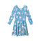 A long-sleeve blue dress with a pink and white whimsical pattern of rainbows, stars, bows, and teddy bears, shown against a plain white background.