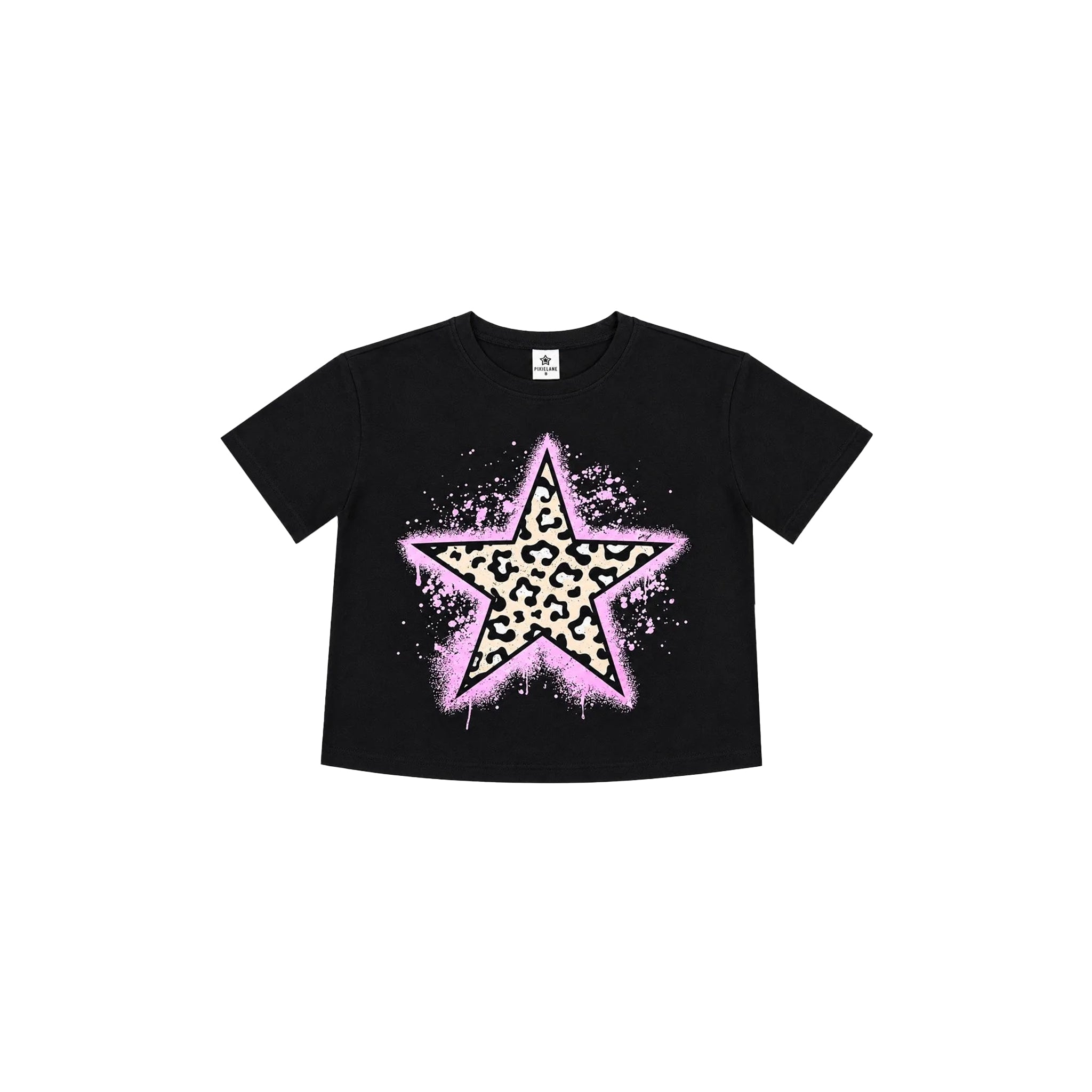 A black short-sleeve crop top t-shirt featuring a large graphic of a star with a leopard print center and a pink spray-paint splatter outline.