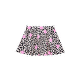 A short pleated skirt with a black leopard print pattern on a light beige background, decorated with scattered pink stars.