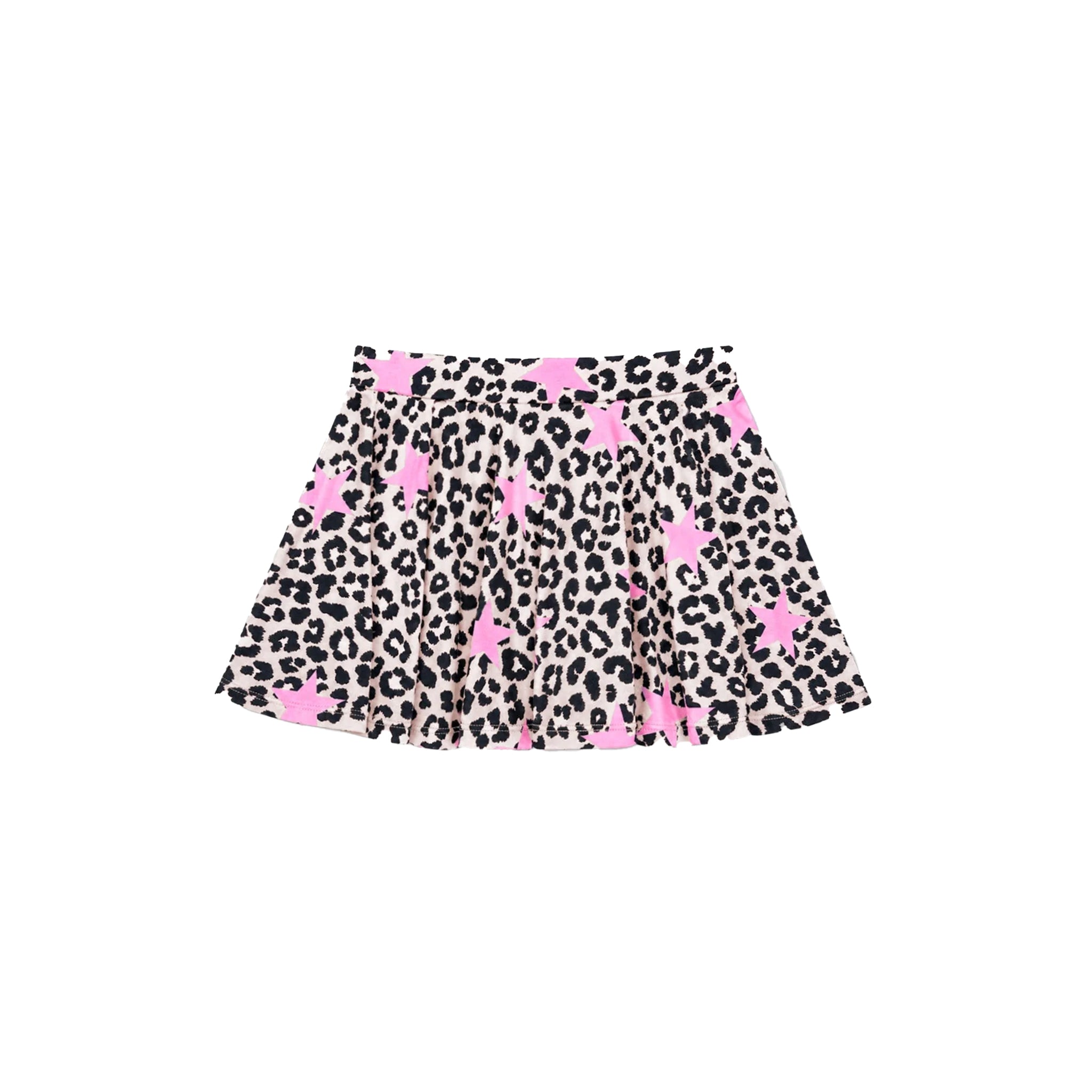 A short pleated skirt with a black leopard print pattern on a light beige background, decorated with scattered pink stars.