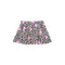 A short pleated skirt with a black leopard print pattern on a light beige background, decorated with scattered pink stars.