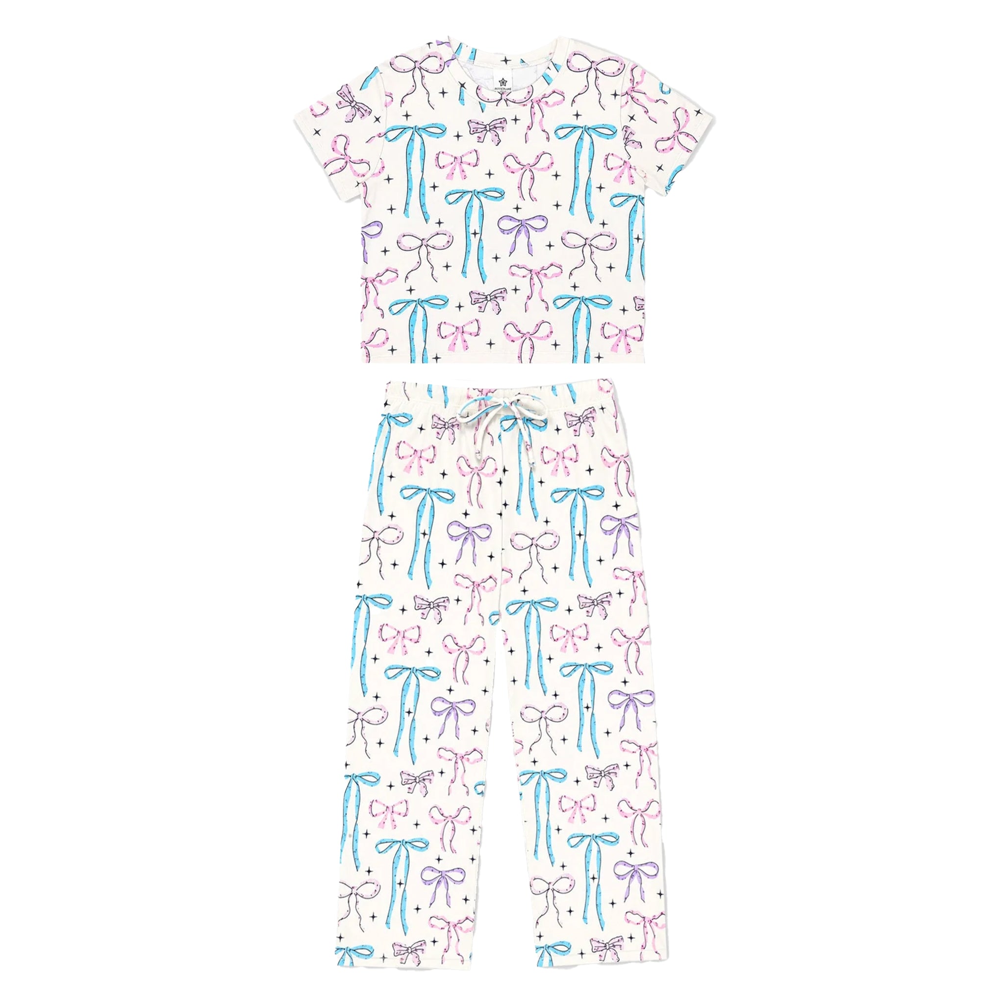 A two-piece baby pajama set featuring a short-sleeve top and matching pants in white, decorated with an all-over pattern of colorful bows in light blue and lavender purple.