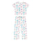 A two-piece baby pajama set featuring a short-sleeve top and matching pants in white, decorated with an all-over pattern of colorful bows in light blue and lavender purple.