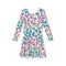 A long-sleeve white dress with a colorful heart print, featuring pink, blue, and green hearts outlined in black, displayed on a solid white background.