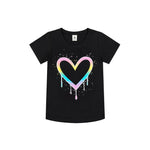A black short-sleeve crewneck t-shirt featuring a colorful dripping heart graphic on the front, set against a plain white background.