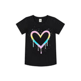 A black short-sleeve crewneck t-shirt featuring a colorful dripping heart graphic on the front, set against a plain white background.