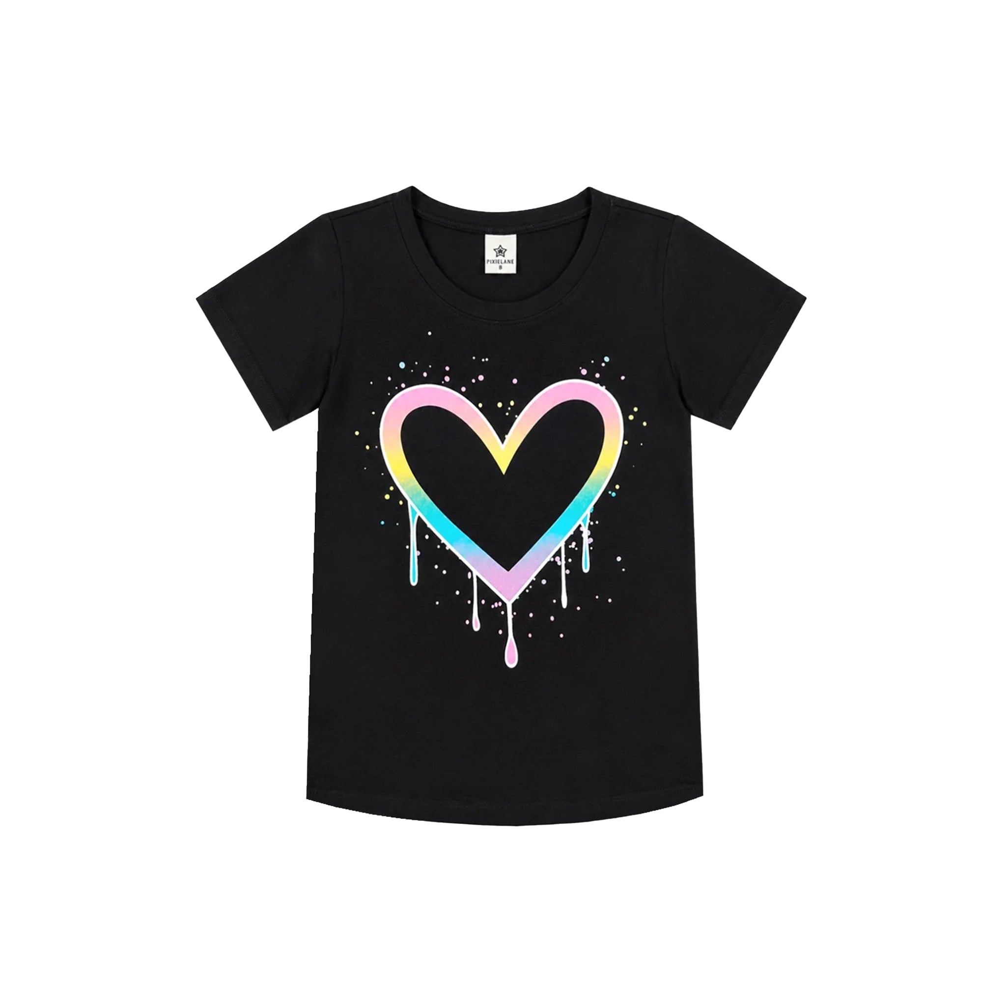A black short-sleeve crewneck t-shirt featuring a colorful dripping heart graphic on the front, set against a plain white background.