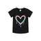 A black short-sleeve crewneck t-shirt featuring a colorful dripping heart graphic on the front, set against a plain white background.