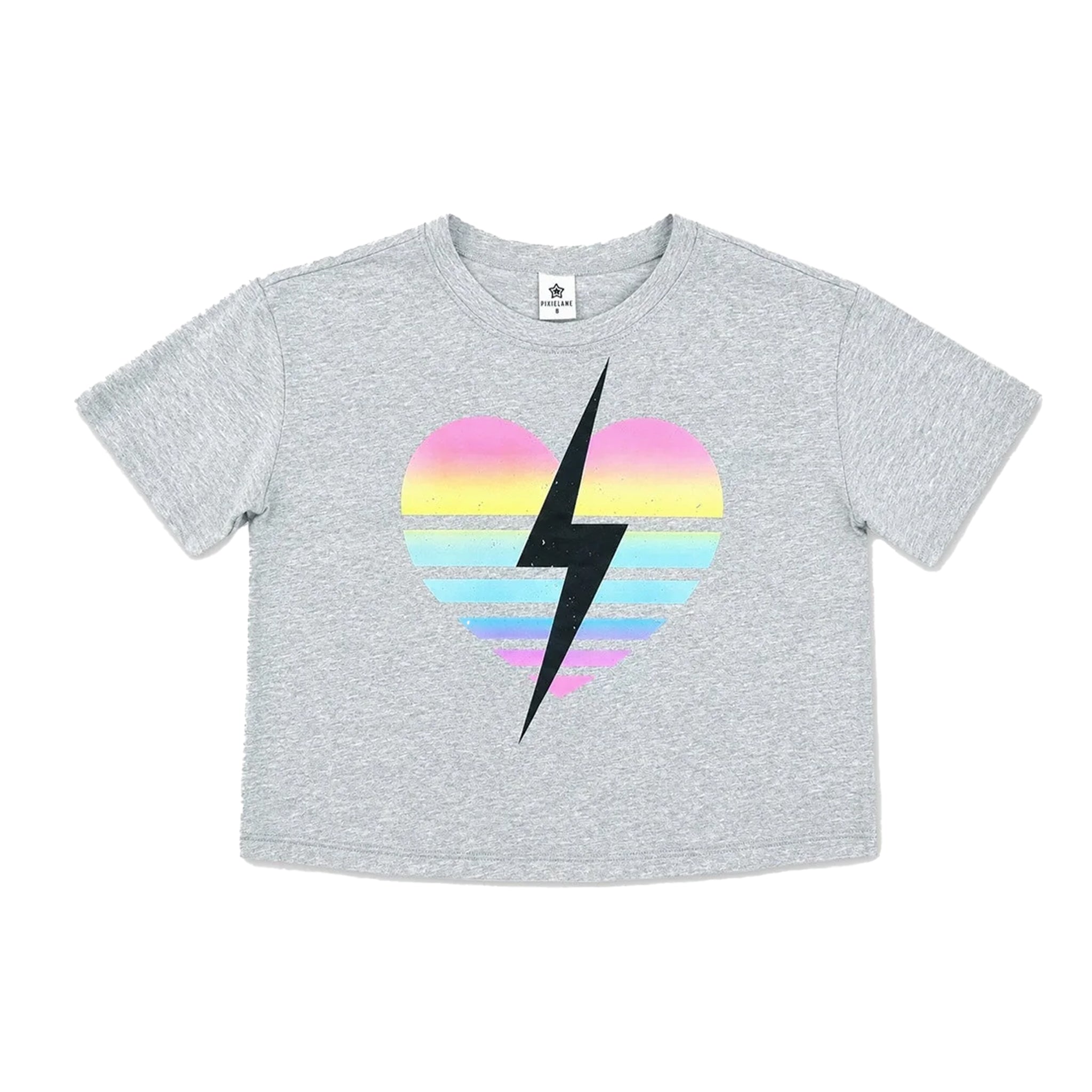 A light heather gray short-sleeve crop top t-shirt featuring a retro striped heart graphic in pink, yellow, and blue with a bold black lightning bolt running through the center.