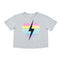 A light heather gray short-sleeve crop top t-shirt featuring a retro striped heart graphic in pink, yellow, and blue with a bold black lightning bolt running through the center.