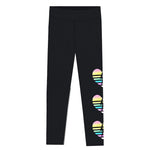 Black leggings with three colorful striped heart graphics on the lower right leg, shown flat against a white background.