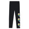 Black leggings with three colorful striped heart graphics on the lower right leg, shown flat against a white background.
