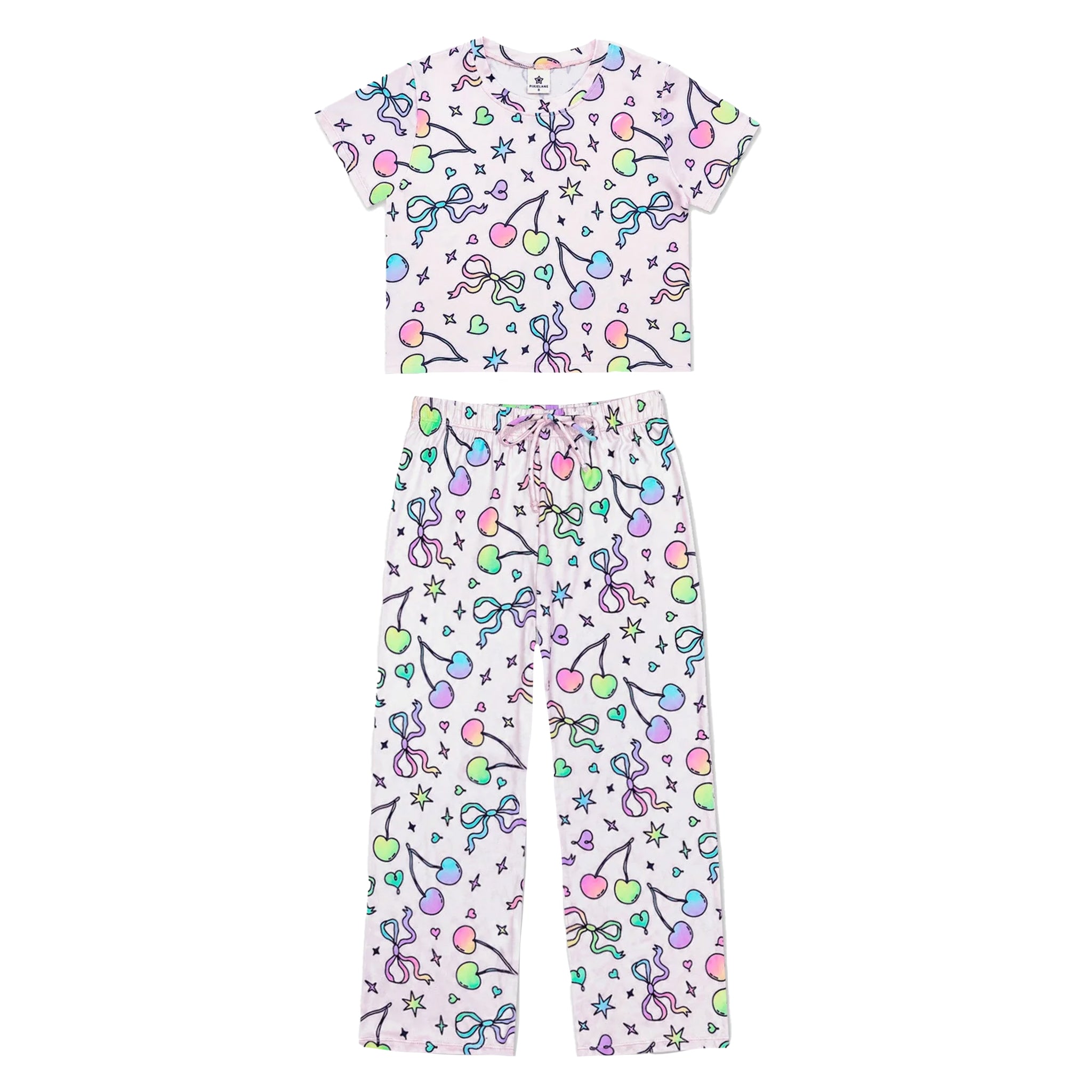 A two-piece children's pajama set featuring a short-sleeve top and matching pants, both in a light pink color with a colorful pattern of cherries, bows, stars, and hearts, displayed on a solid white background.