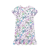 A short-sleeve baby dress with a ruffled hem, featuring a pastel multicolor print of bows, cherries, stars, and hearts on a light lavender background.