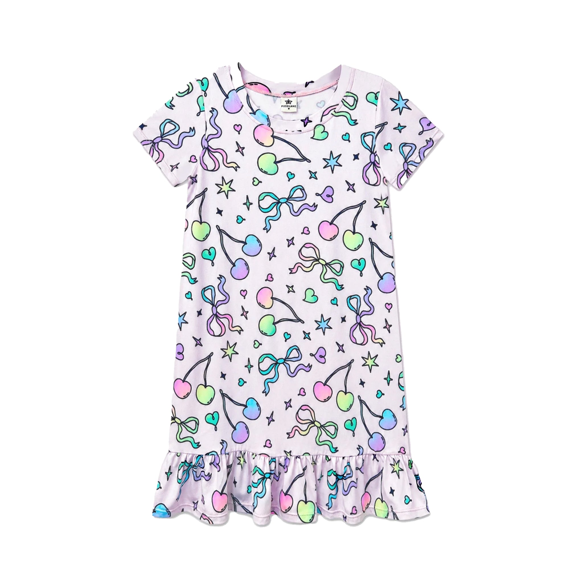 A short-sleeve baby dress with a ruffled hem, featuring a pastel multicolor print of bows, cherries, stars, and hearts on a light lavender background.