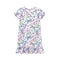 A short-sleeve baby dress with a ruffled hem, featuring a pastel multicolor print of bows, cherries, stars, and hearts on a light lavender background.