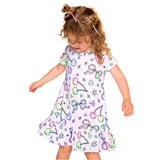 Pink Rainbow Bow Cherry Short Sleeve Ruffle Lounge Dress