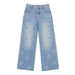 Light blue wide-leg denim jeans with embroidered white star patterns on the front of each leg, shown flat against a white background.