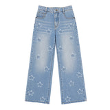 Light blue wide-leg denim jeans with embroidered white star patterns on the front of each leg, shown flat against a white background.