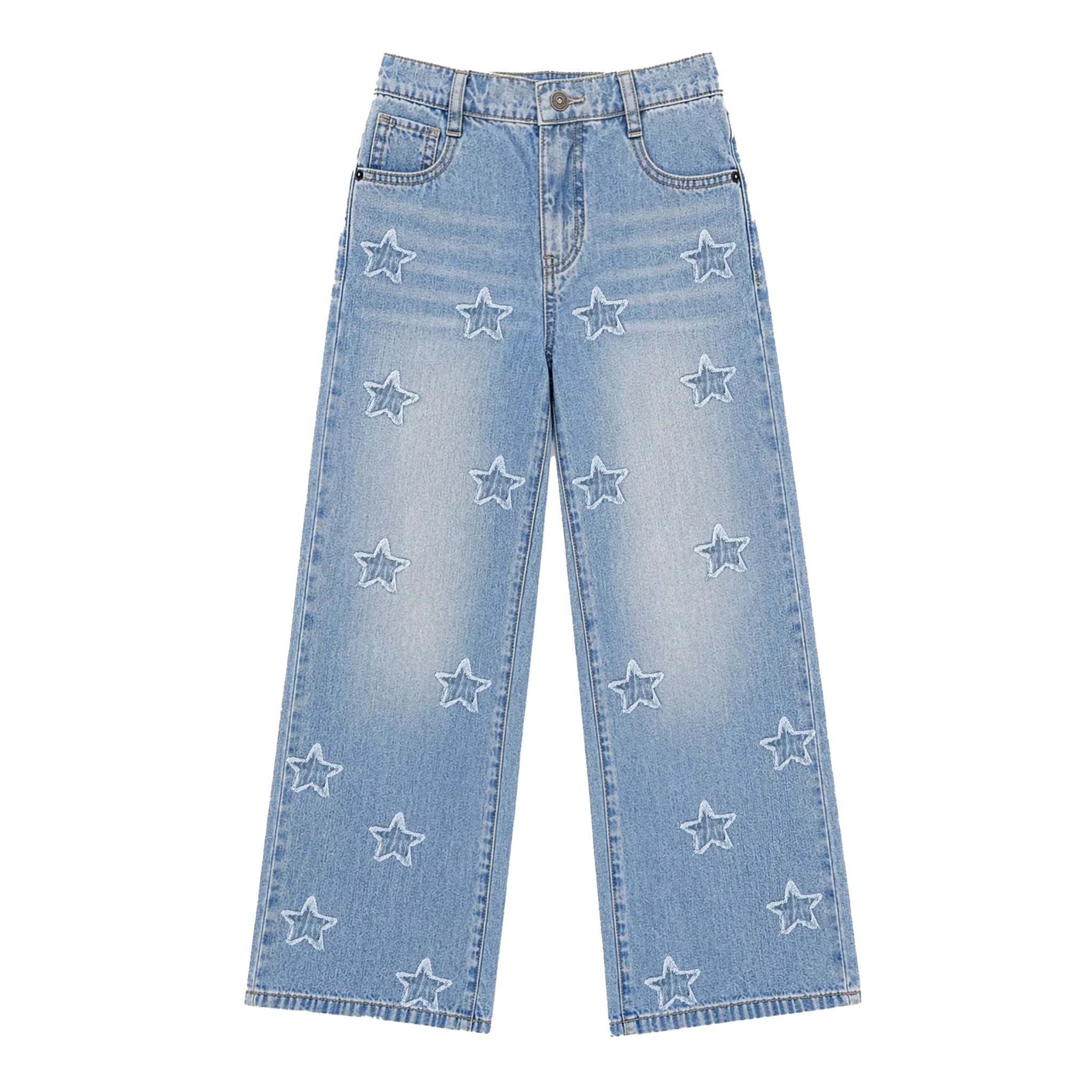 Light blue wide-leg denim jeans with embroidered white star patterns on the front of each leg, shown flat against a white background.
