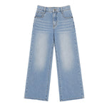 Medium wash blue denim jeans with a straight, wide leg and faded detailing, shown flat against a white background.