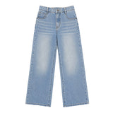 Medium wash blue denim jeans with a straight, wide leg and faded detailing, shown flat against a white background.