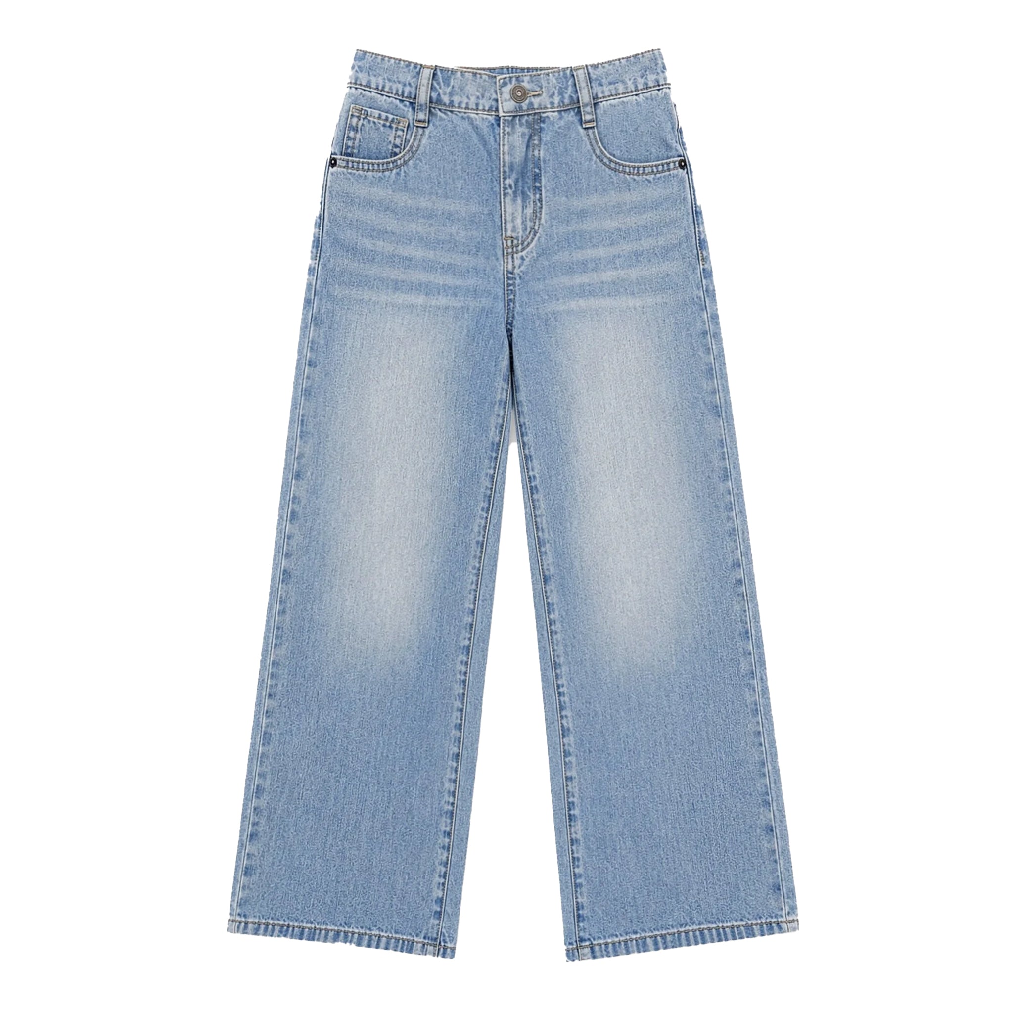 Medium wash blue denim jeans with a straight, wide leg and faded detailing, shown flat against a white background.