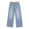 Medium wash blue denim jeans with a straight, wide leg and faded detailing, shown flat against a white background.