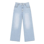 Light wash blue denim jeans with a straight-to-wide leg, featuring a faded wash and classic five-pocket design, shown flat on a white background.
