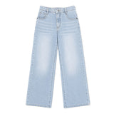 Light wash blue denim jeans with a straight-to-wide leg, featuring a faded wash and classic five-pocket design, shown flat on a white background.