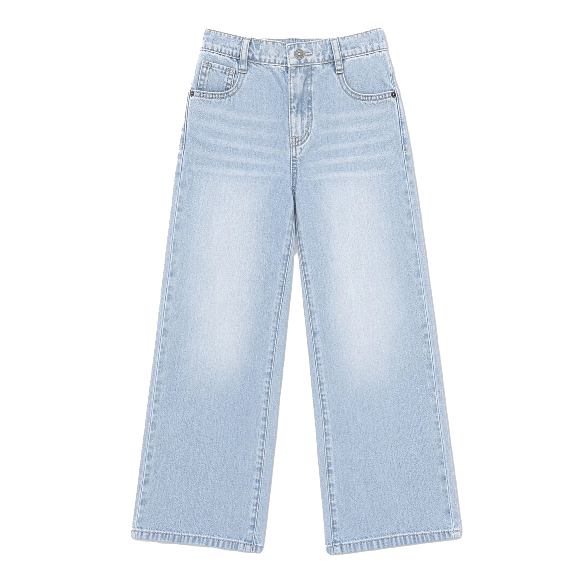 Light wash blue denim jeans with a straight-to-wide leg, featuring a faded wash and classic five-pocket design, shown flat on a white background.