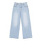 Light wash blue denim jeans with a straight-to-wide leg, featuring a faded wash and classic five-pocket design, shown flat on a white background.