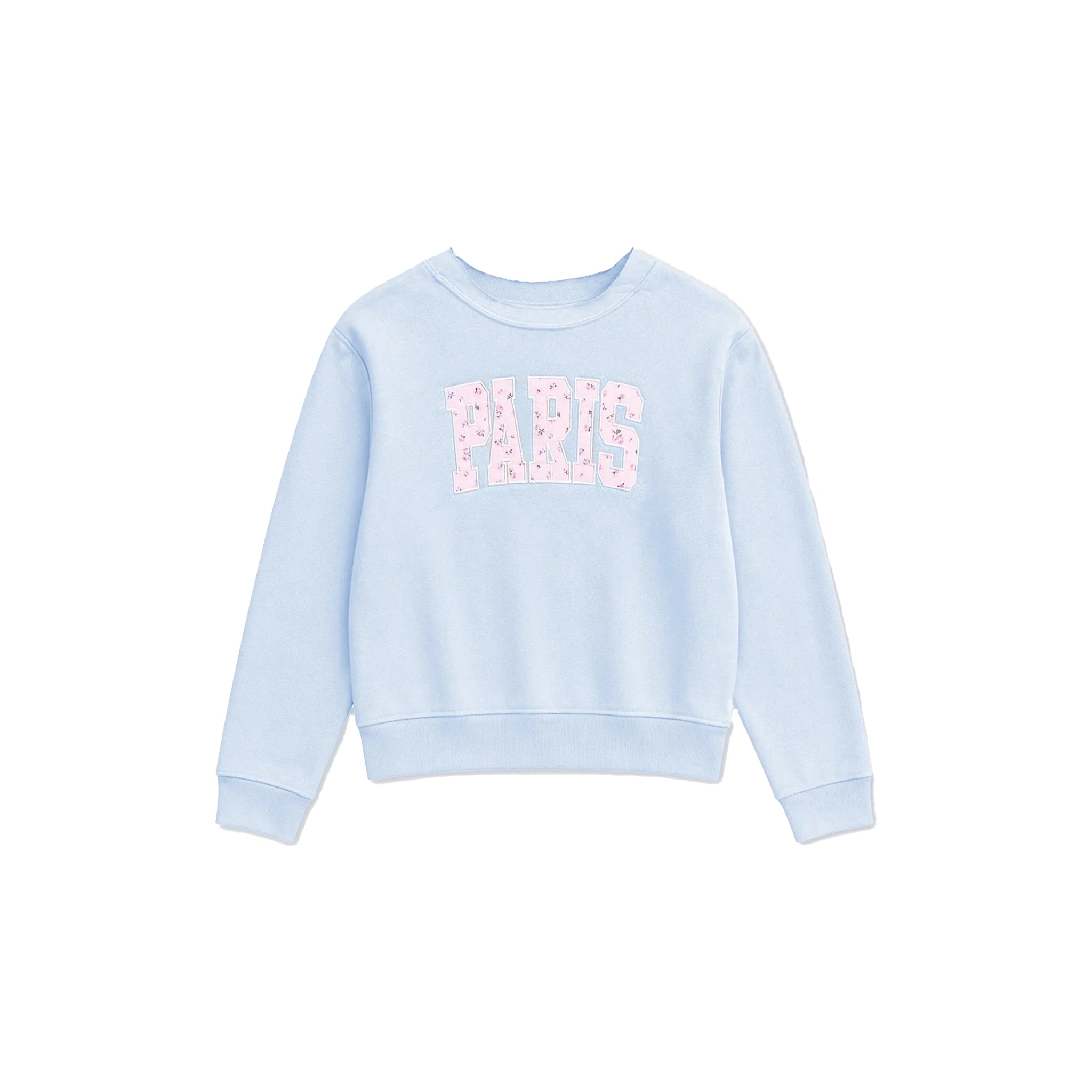 A light blue long-sleeve crewneck sweatshirt featuring the word 'PARIS' printed across the chest in pink floral letters, displayed on a clean white background.