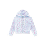 A light blue zip-up hoodie with a pink and white floral pattern, featuring white drawstrings and a front zipper, shown against a plain white background.